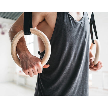Birch Wood Gymnastic Rings with Adjustable Straps – Strength & Calisthenics Training.