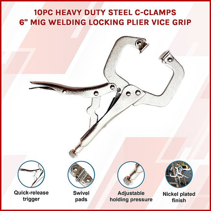 10pc Heavy Duty Steel C-Clamps 6" Mig Welding Locking Plier Vice Grip.