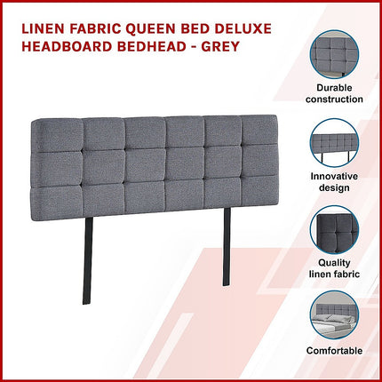 Linen Fabric Queen Bed Deluxe Headboard Bedhead - Grey.