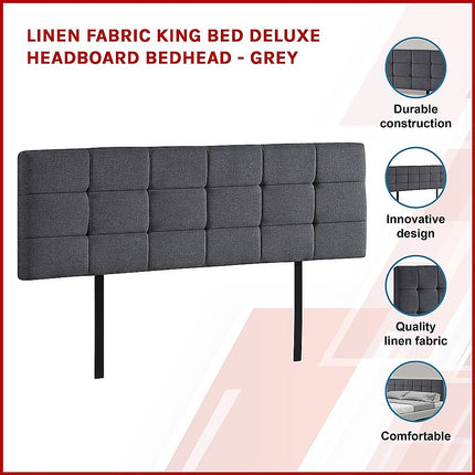 Linen Fabric King Bed Deluxe Headboard Bedhead - Grey.