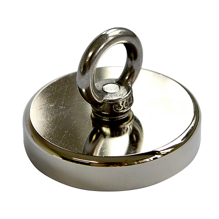 Round Neodymium Fishing Magnet with Countersunk Hole and Eyebolt, 500 LBS pull.