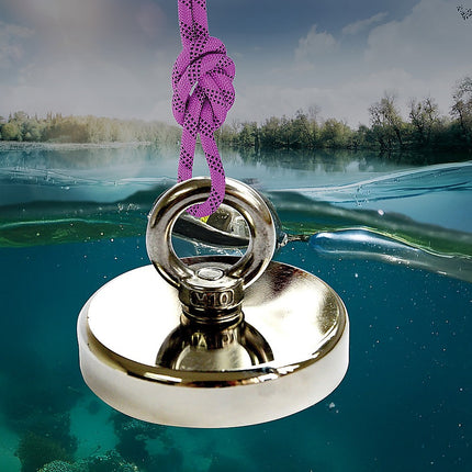 Round Neodymium Fishing Magnet with Countersunk Hole and Eyebolt, 500 LBS pull.