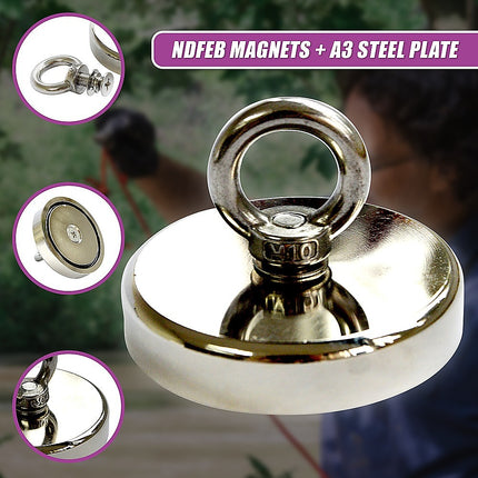 Round Neodymium Fishing Magnet with Countersunk Hole and Eyebolt, 500 LBS pull.