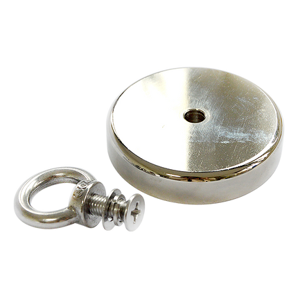 Round Neodymium Fishing Magnet with Countersunk Hole and Eyebolt, 500 LBS pull.