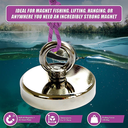 Round Neodymium Fishing Magnet with Countersunk Hole and Eyebolt, 500 LBS pull.