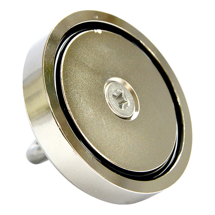 Round Neodymium Fishing Magnet with Countersunk Hole and Eyebolt, 500 LBS pull.