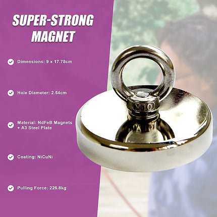 Round Neodymium Fishing Magnet with Countersunk Hole and Eyebolt, 500 LBS pull.