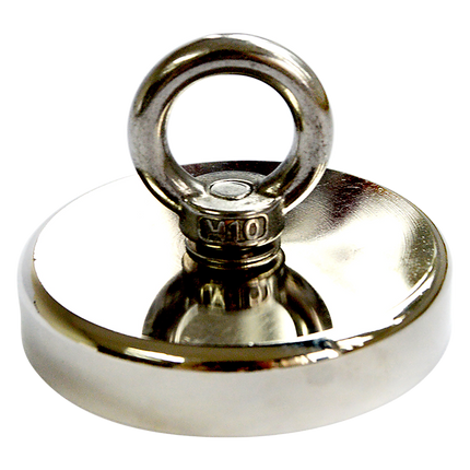 Round Neodymium Fishing Magnet with Countersunk Hole and Eyebolt, 500 LBS pull.