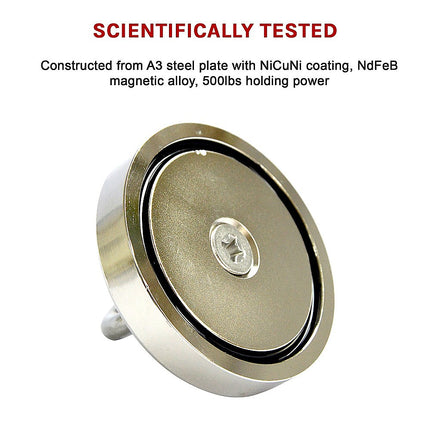 Round Neodymium Fishing Magnet with Countersunk Hole and Eyebolt, 500 LBS pull.