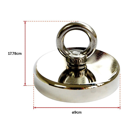 Round Neodymium Fishing Magnet with Countersunk Hole and Eyebolt, 500 LBS pull.