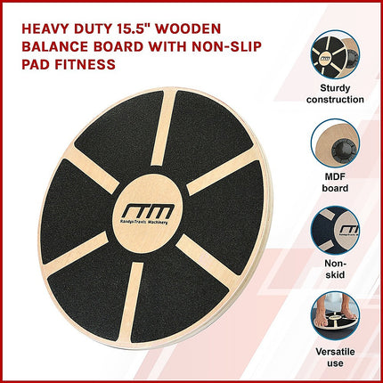 Heavy Duty 15.5" Wooden Balance Board with Non-Slip Pad for Fitness Training.