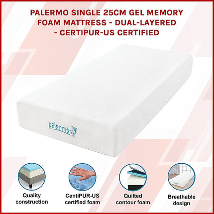 Single 25cm Gel Memory Foam Mattress – Dual-Layered Comfort with CertiPUR-US Certified Foam.
