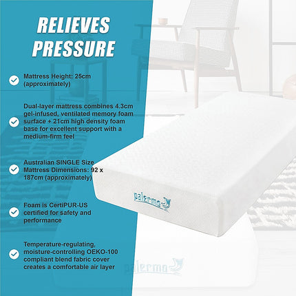 Single 25cm Gel Memory Foam Mattress – Dual-Layered Comfort with CertiPUR-US Certified Foam.