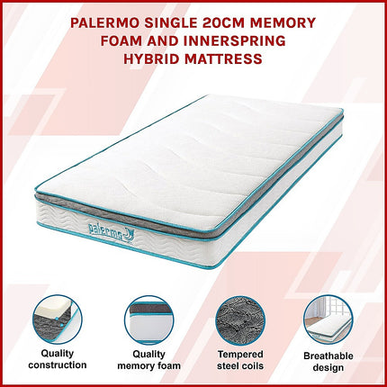 Single 20cm Hybrid Mattress – Memory Foam and Innerspring Support.