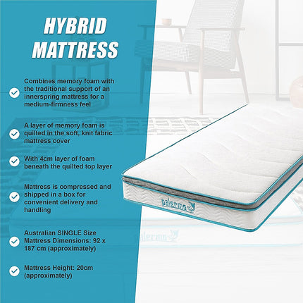 Single 20cm Hybrid Mattress – Memory Foam and Innerspring Support.