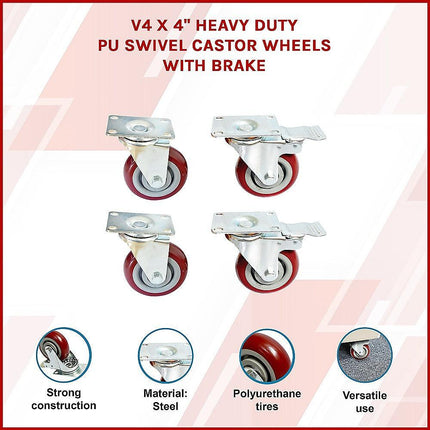4 x 4" Heavy Duty PU Swivel Castor Wheels With Brake.