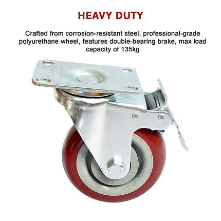 4 x 4" Heavy Duty PU Swivel Castor Wheels With Brake.