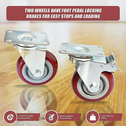 4 x 4" Heavy Duty PU Swivel Castor Wheels With Brake.