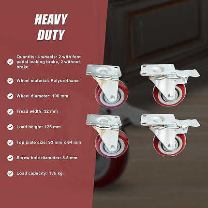 4 x 4" Heavy Duty PU Swivel Castor Wheels With Brake.