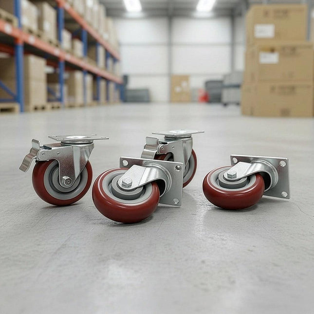 4 x 4" Heavy Duty PU Swivel Castor Wheels With Brake.