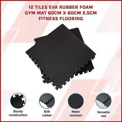 12 Tiles EVA Rubber Foam Gym Mat 60x60cm – 2.5cm Thick Fitness Flooring Set.