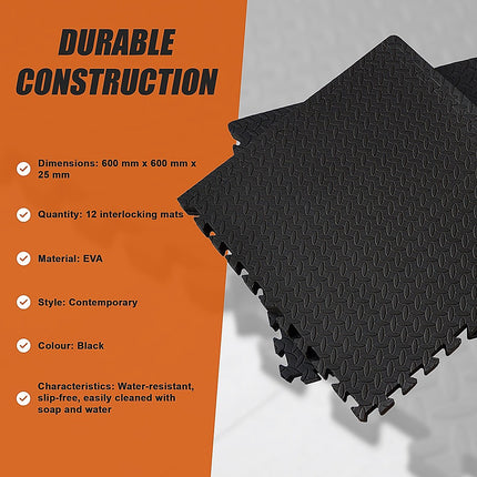 12 Tiles EVA Rubber Foam Gym Mat 60x60cm – 2.5cm Thick Fitness Flooring Set.