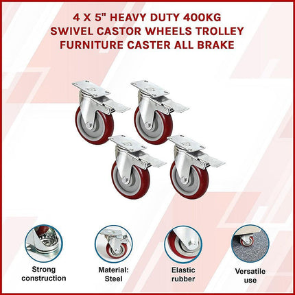 4 X 5" Heavy Duty 400kg Swivel Castor Wheels Trolley Furniture Caster All Brake.