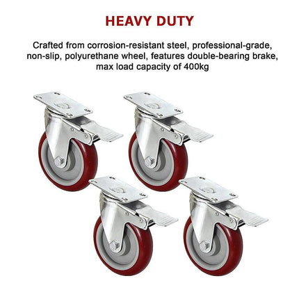 4 X 5" Heavy Duty 400kg Swivel Castor Wheels Trolley Furniture Caster All Brake.