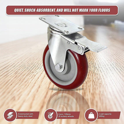 4 X 5" Heavy Duty 400kg Swivel Castor Wheels Trolley Furniture Caster All Brake.