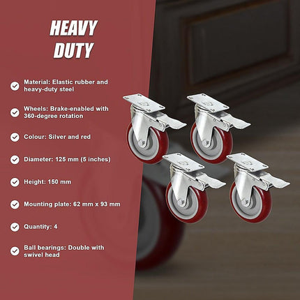 4 X 5" Heavy Duty 400kg Swivel Castor Wheels Trolley Furniture Caster All Brake.