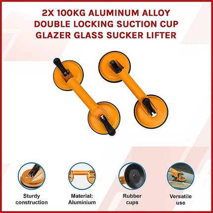 2x 100kg Aluminum Alloy Double Locking Suction Cup Glazer Glass Sucker Lifter.