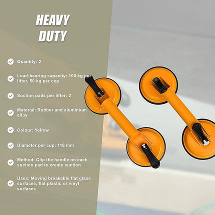 2x 100kg Aluminum Alloy Double Locking Suction Cup Glazer Glass Sucker Lifter.