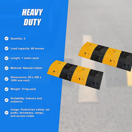 Pair of 1m Long 60T Load Rubber Speed Bump Hump Modular Speed Humps Road Hump.