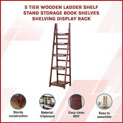 5 Tier Wooden Ladder Shelf Stand Storage Book Shelves Shelving Display Rack.