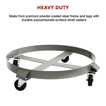 Drum Dolly 450kg 55 Gallon w Swivel Casters Heavy Duty Steel Frame Non Tipping.