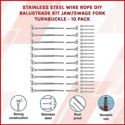 Stainless Steel Wire Rope DIY Balustrade Kit Jaw/Swage Fork Turnbuckle - 10 pack.