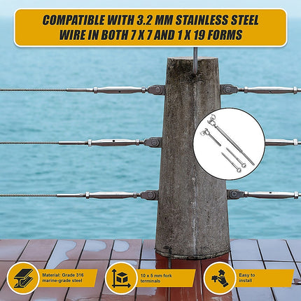 Stainless Steel Wire Rope DIY Balustrade Kit Jaw/Swage Fork Turnbuckle - 10 pack.
