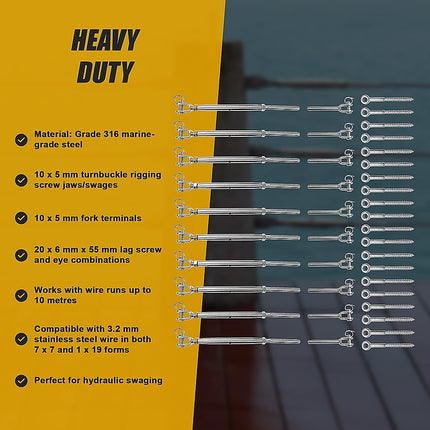 Stainless Steel Wire Rope DIY Balustrade Kit Jaw/Swage Fork Turnbuckle - 10 pack.