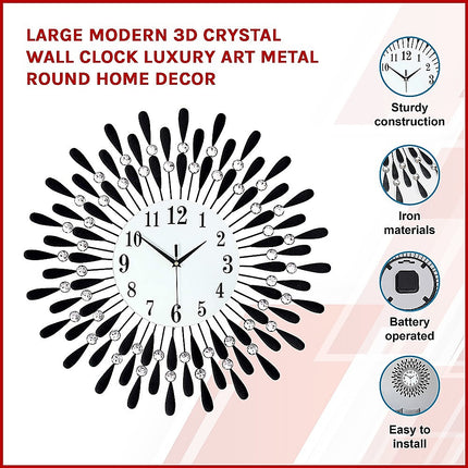 Large Modern 3D Crystal Wall Clock Luxury Art Metal Round Home Decor.