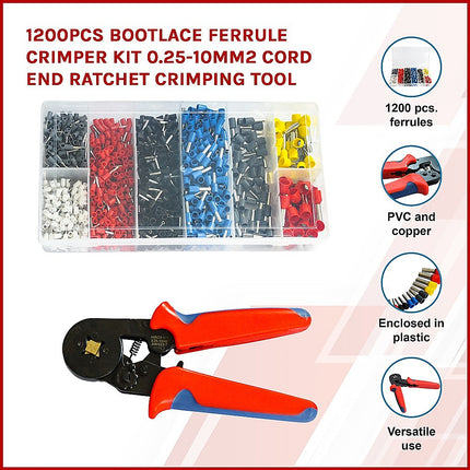 1200Pcs Bootlace Ferrule Crimper kit 0.25-10mm2 Cord End Ratchet Crimping Tool.