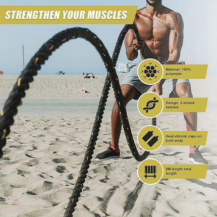 Battle Rope Dia 3.8cm x 9M length Poly Exercise Workout Strength Training.
