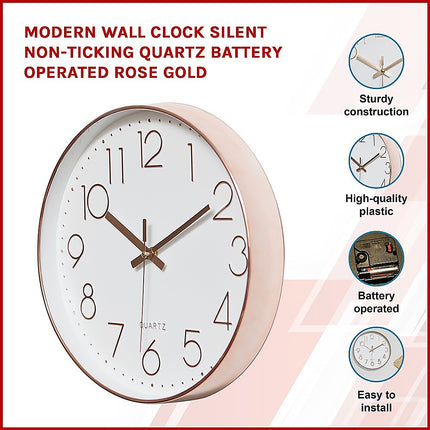 Modern Rose Gold Wall Clock – Silent Non-Ticking Quartz Battery Operated Design.