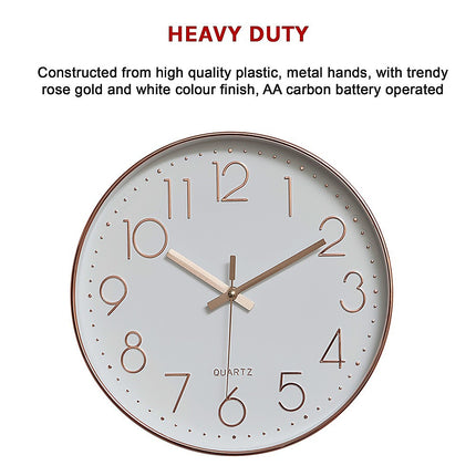 Modern Rose Gold Wall Clock – Silent Non-Ticking Quartz Battery Operated Design.
