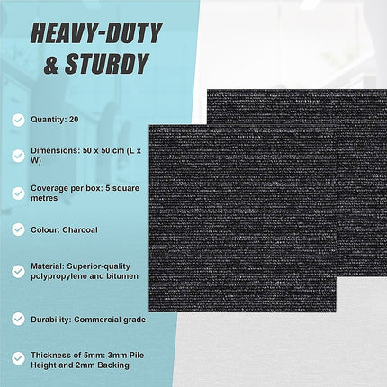 5m2 Box of Premium Carpet Tiles Commercial Domestic Office Heavy Use Flooring Charcoal.