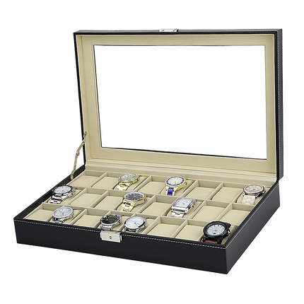 Watch Box - 24 Slot Luxury Display Case With Framed Glass Lid.