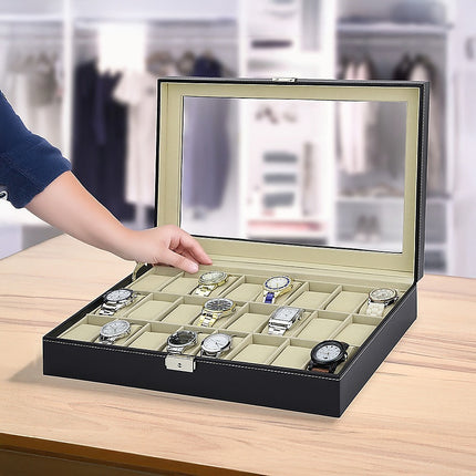 Watch Box - 24 Slot Luxury Display Case With Framed Glass Lid.