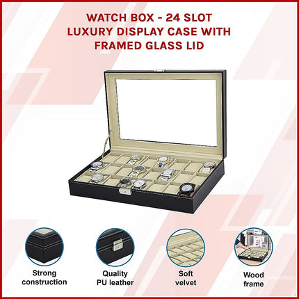 Watch Box - 24 Slot Luxury Display Case With Framed Glass Lid.