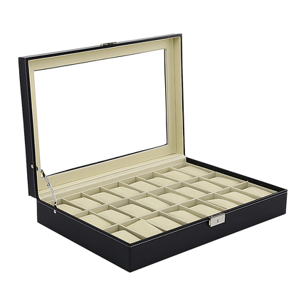 Watch Box - 24 Slot Luxury Display Case With Framed Glass Lid.