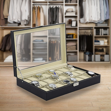 Watch Box - 24 Slot Luxury Display Case With Framed Glass Lid.