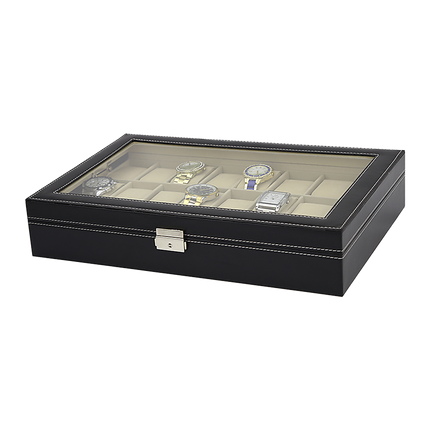 Watch Box - 24 Slot Luxury Display Case With Framed Glass Lid.